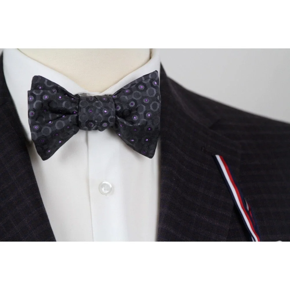 Men's Self-tied Bow‎ Tie 100%Silk Grey Purple Ornament S732BC